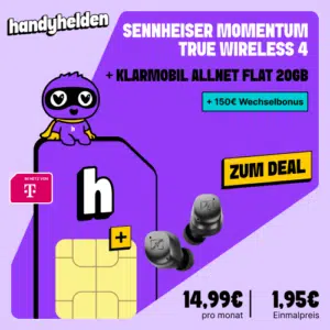 Thumbnail Sennheiser Momentum True Wireless 4 für 1,95€ + 20GB LTE/5G Allnet für 14,99€/Monat + 150€ Wechselbonus (Klarmobil Telekom)