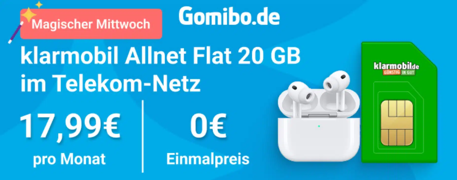 Banner von Gomibo - klarmobil ALlnet Flat 20GB im Telekom-Netz für 17,99€/Monat