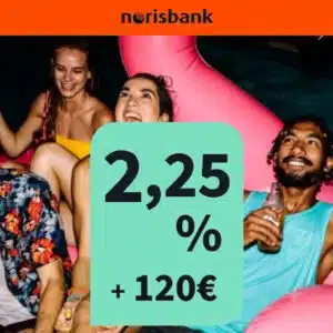 norisbank Werbegrafik: Drei lachende junge Menschen auf einer rosa Luftmatratze. Im Vordergrund ein grünes Textfeld mit der Aufschrift „2,25 % + 120€“.