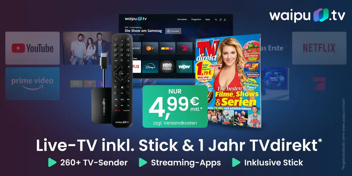 Banner von waipu.tv: Live-TV inkl. Stick & 1 Jahr TVdirekt