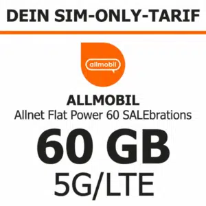 Thumbnail 60GB 5G/LTE Allnet-Flat im Vodafone-Netz für eff. 7,91€/Monat (allmobil Allnet Flat Power 60)