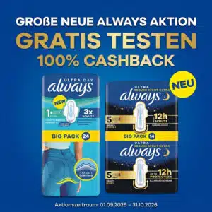 Always gratis testen - 100% Cashback - quadratische Grafik