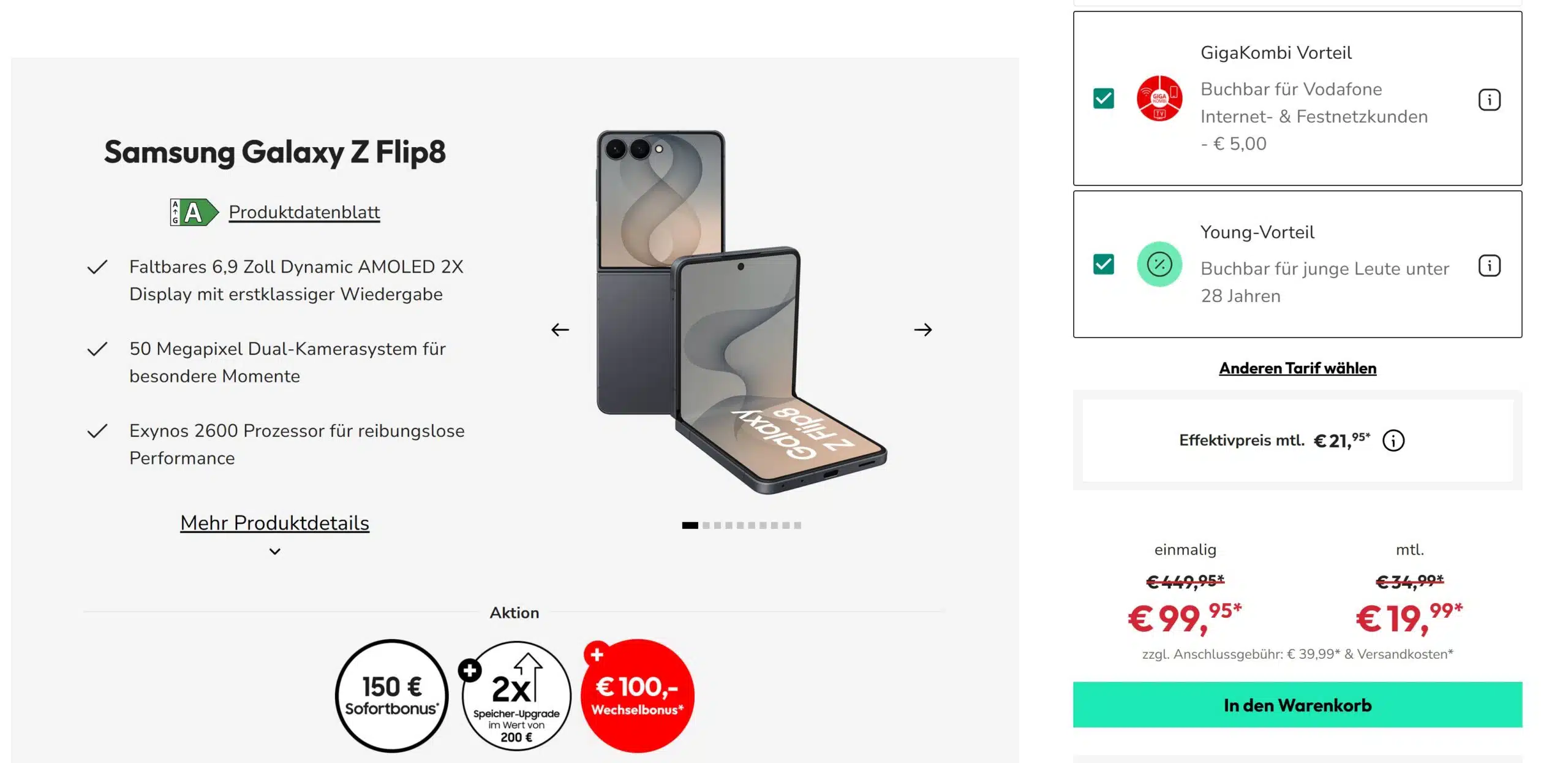 Screenshot der Sparhandy-Produktseite für das Samsung Galaxy Z Flip8. In der Mitte ist das graue, faltbare Smartphone abgebildet. Links stehen Produkt-Highlights wie das 6,9-Zoll-Display, die 50-MP-Kamera und der Exynos 2600 Prozessor. Darunter sind Aktions-Badges zu sehen: 150 € Sofortbonus, ein zweifaches Speicher-Upgrade im Wert von 200 € und 100 € Wechselbonus. Rechts sind der GigaKombi-Vorteil (-5 €) und der Young-Vorteil ausgewählt. Der Preis liegt einmalig bei 99,95 € (statt 449,95 €) und monatlich bei 19,99 € (statt 34,99 €), was einem Effektivpreis von 21,95 € pro Monat entspricht.