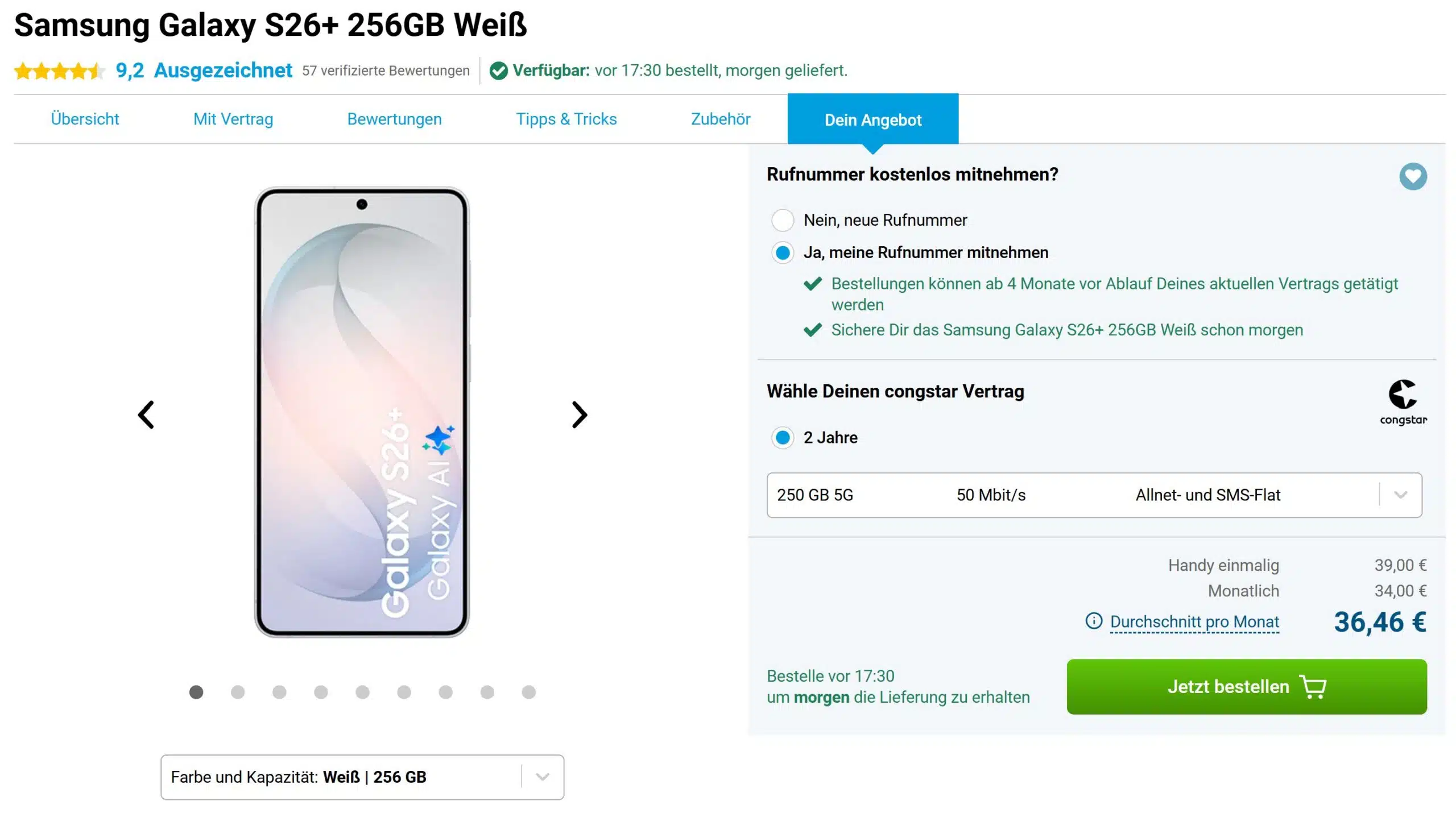 Tarif-Angebot mit dem Samsung Galaxy S26+ und congstar Tarif bei Gomibo