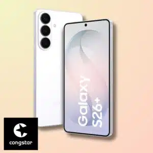 Samsung Galaxy S26+ in Weiß, unten links Congstar-Logo