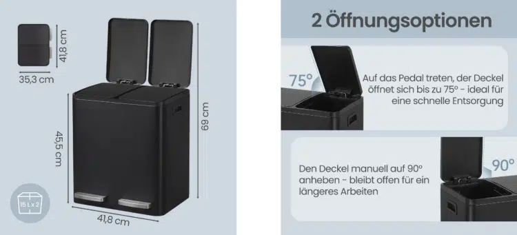 Songmics Abfalleimer (2x 15l, Softclose-Deckel)