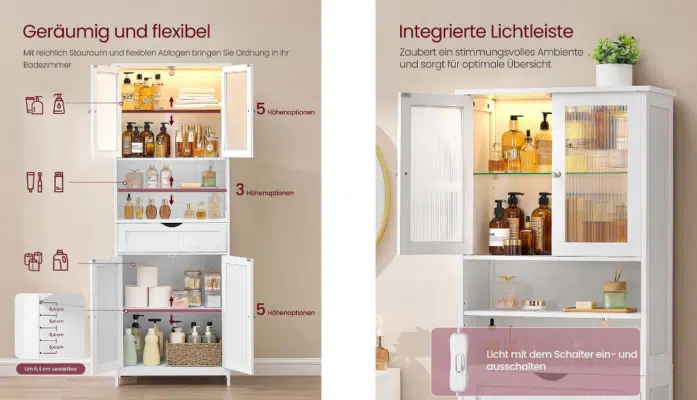 Vasagle Badschrank mit Ablagen & LED-Beleuchtung