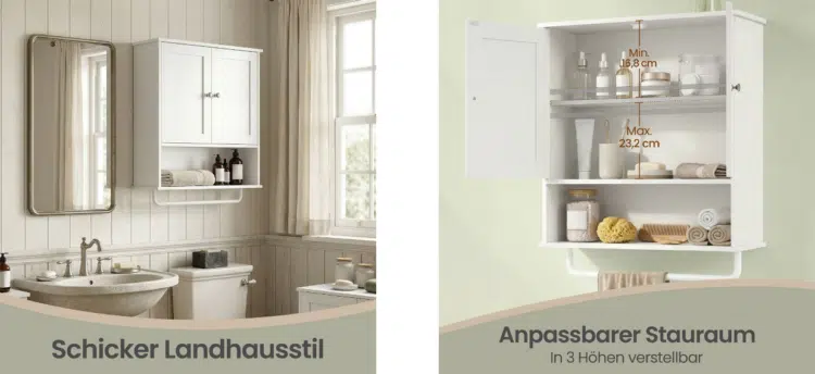 Vasagle Wandschrank mit Türen, Handtuchhalter & offenem Fach