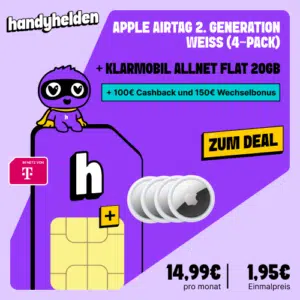 Thumbnail Eff. nur 1,95€/Monat 🔥 Apple AirTag (2. Gen) 4er-Pack nur 1,95€ + 250€ Bonus + 20GB Telekom Allnet-Flat für 14,99€ mtl. (Klarmobil Telekom)