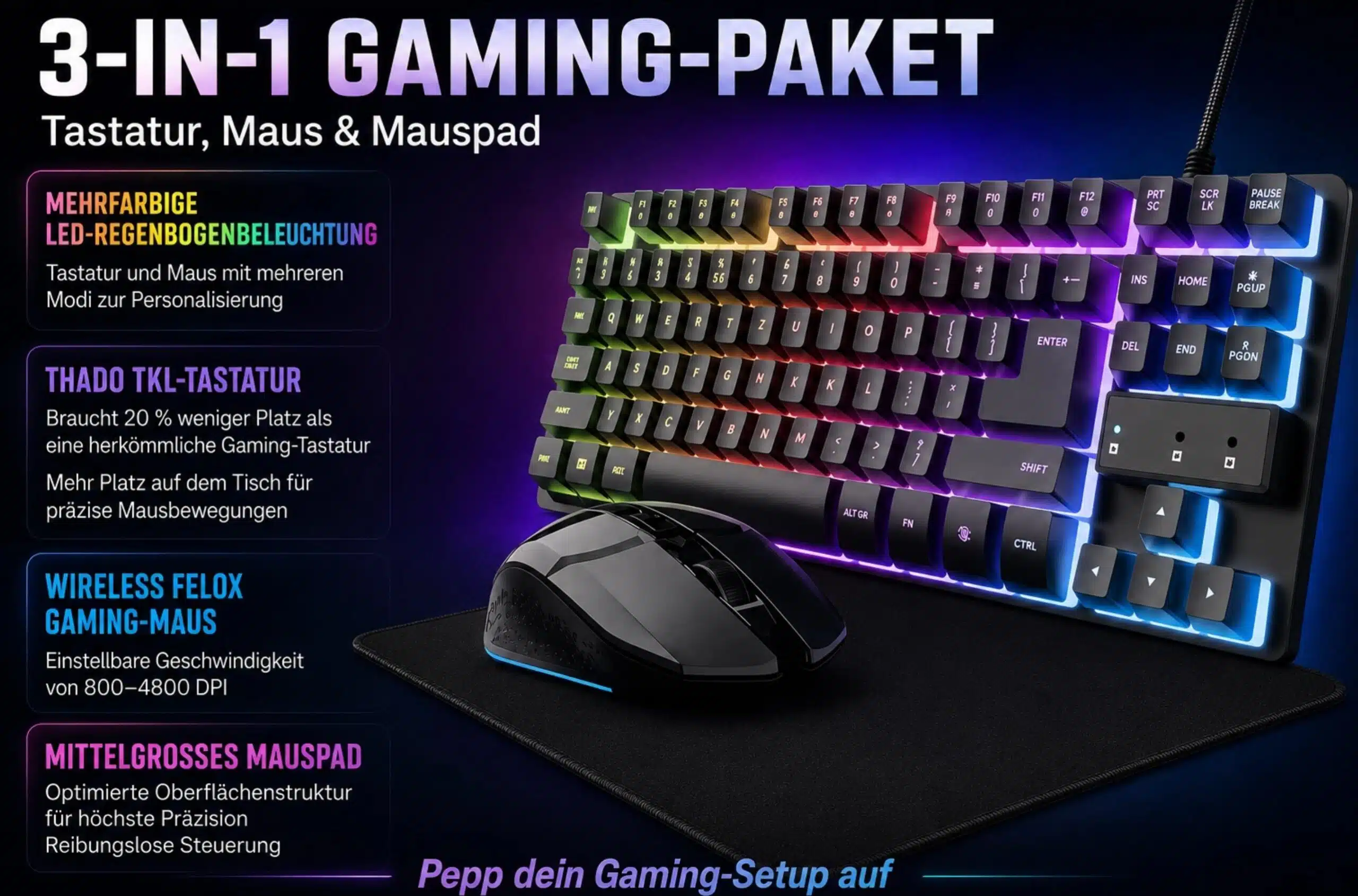 3-in-1- Gaming-Paket mit Tastatur, Maus und Mauspad