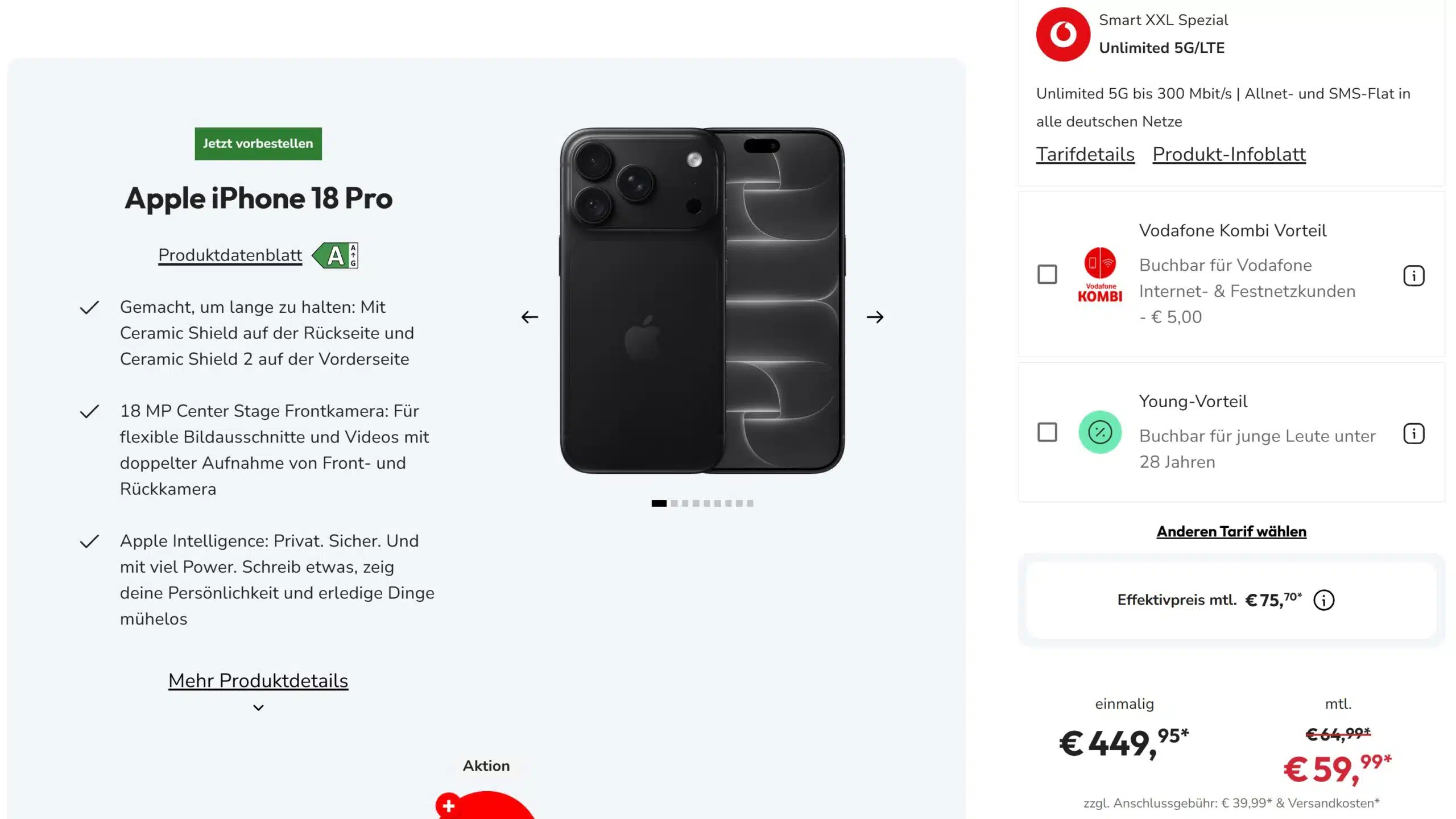 Tarif-Angebot bei Sparhandy: Apple iPhone 18 Pro mit Vodafone Unlimited Tarif