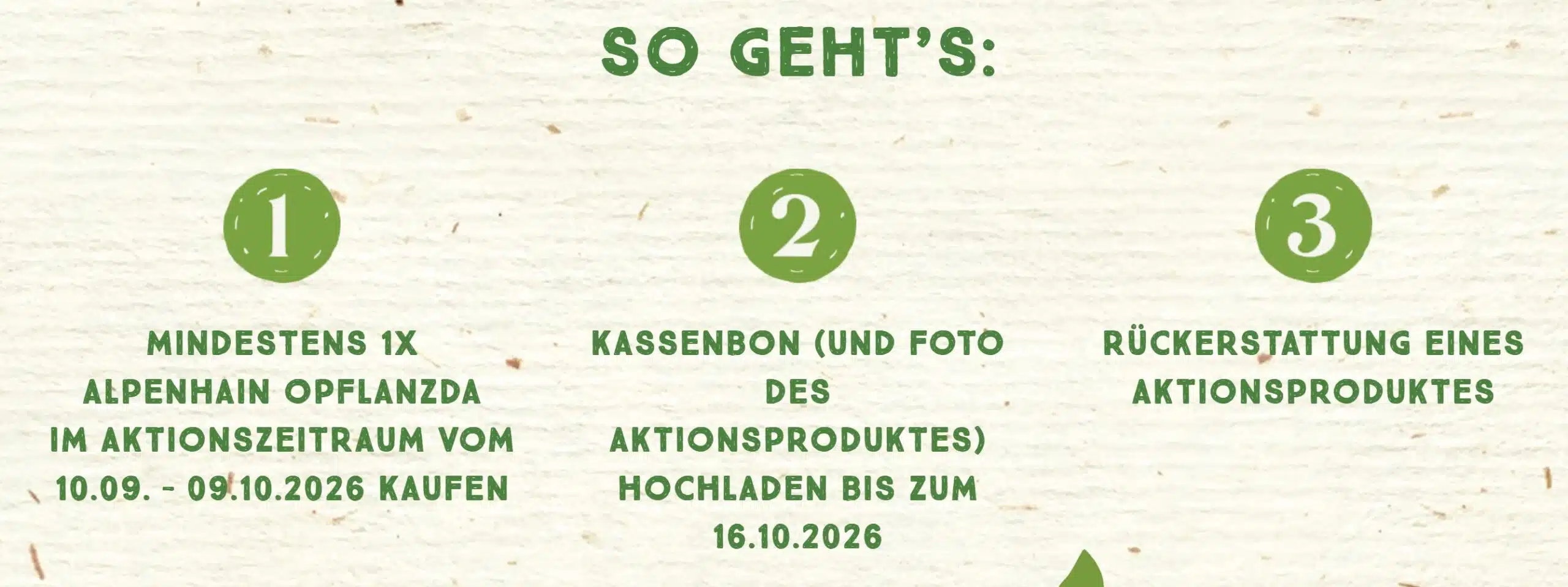 Aktionsschritte der Alpenhain Opflanzda Gratis-testen-Aktion