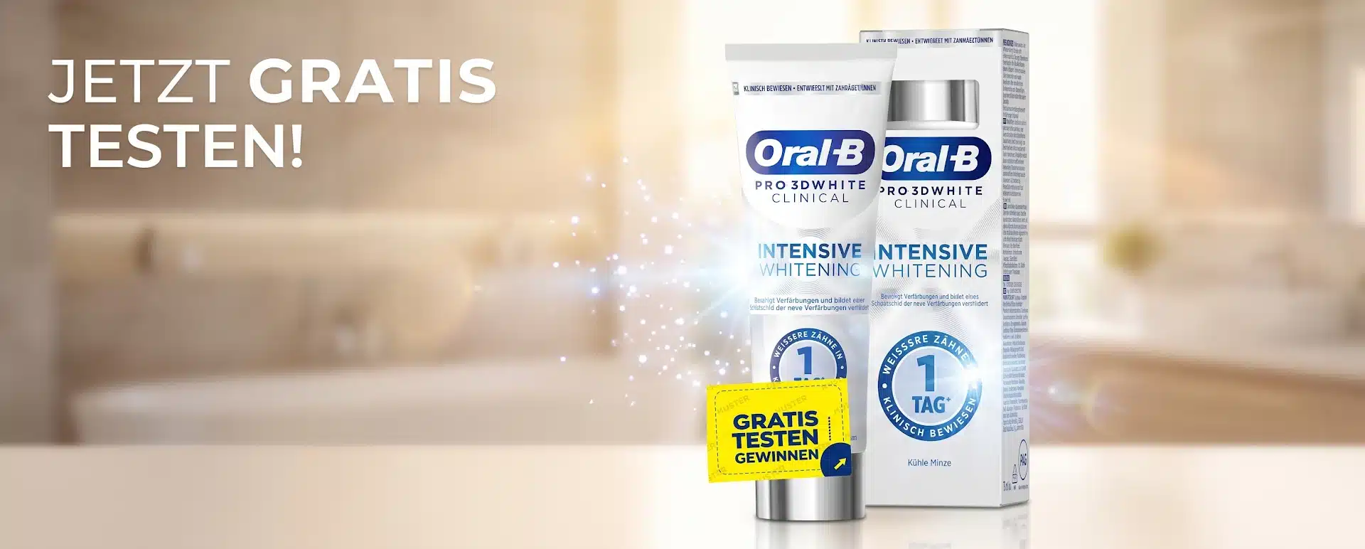 Oral-B White Clinical gratis testen: Aktionsprodukt mit gelbem Aktionssticker, daneben die Aufschrift: Jetzt gratis testen!