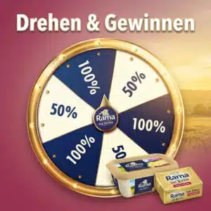 Quadratisches Bild der Rama-Aktion "Drehen & Gewinnen" mit Rad und Rama-Produkten