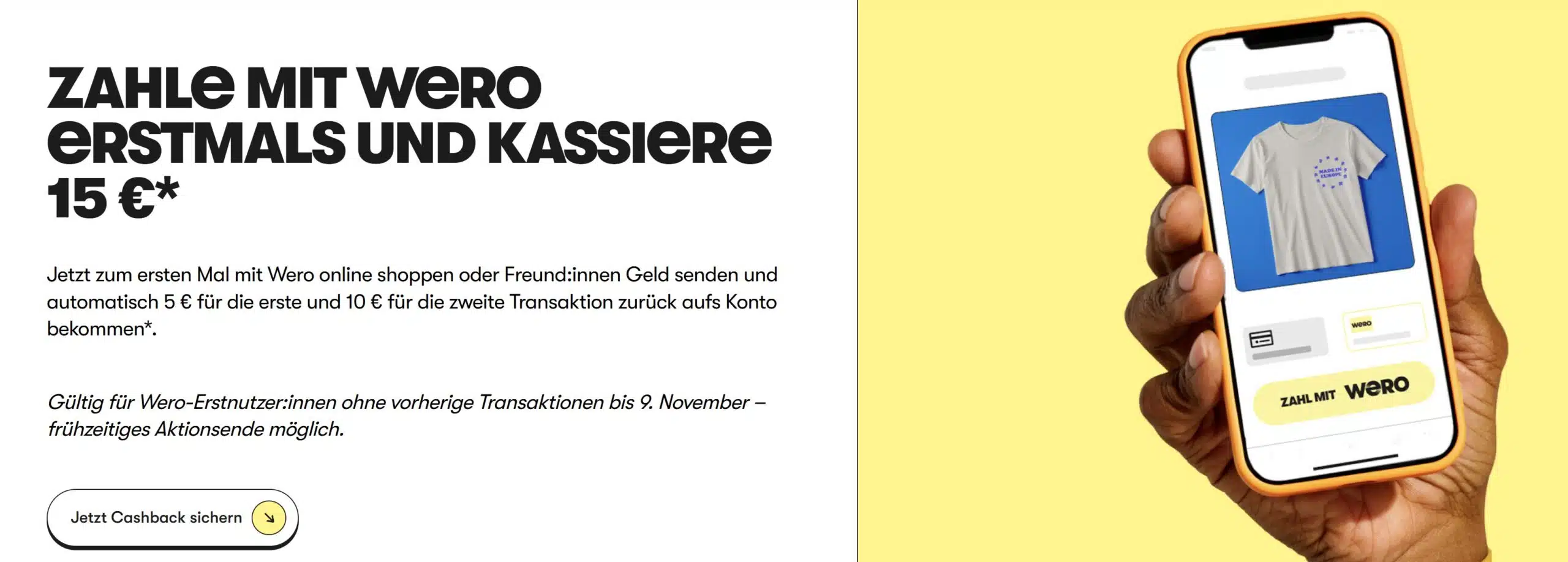 Banner der Wero Aktion mit 15€ Cashback