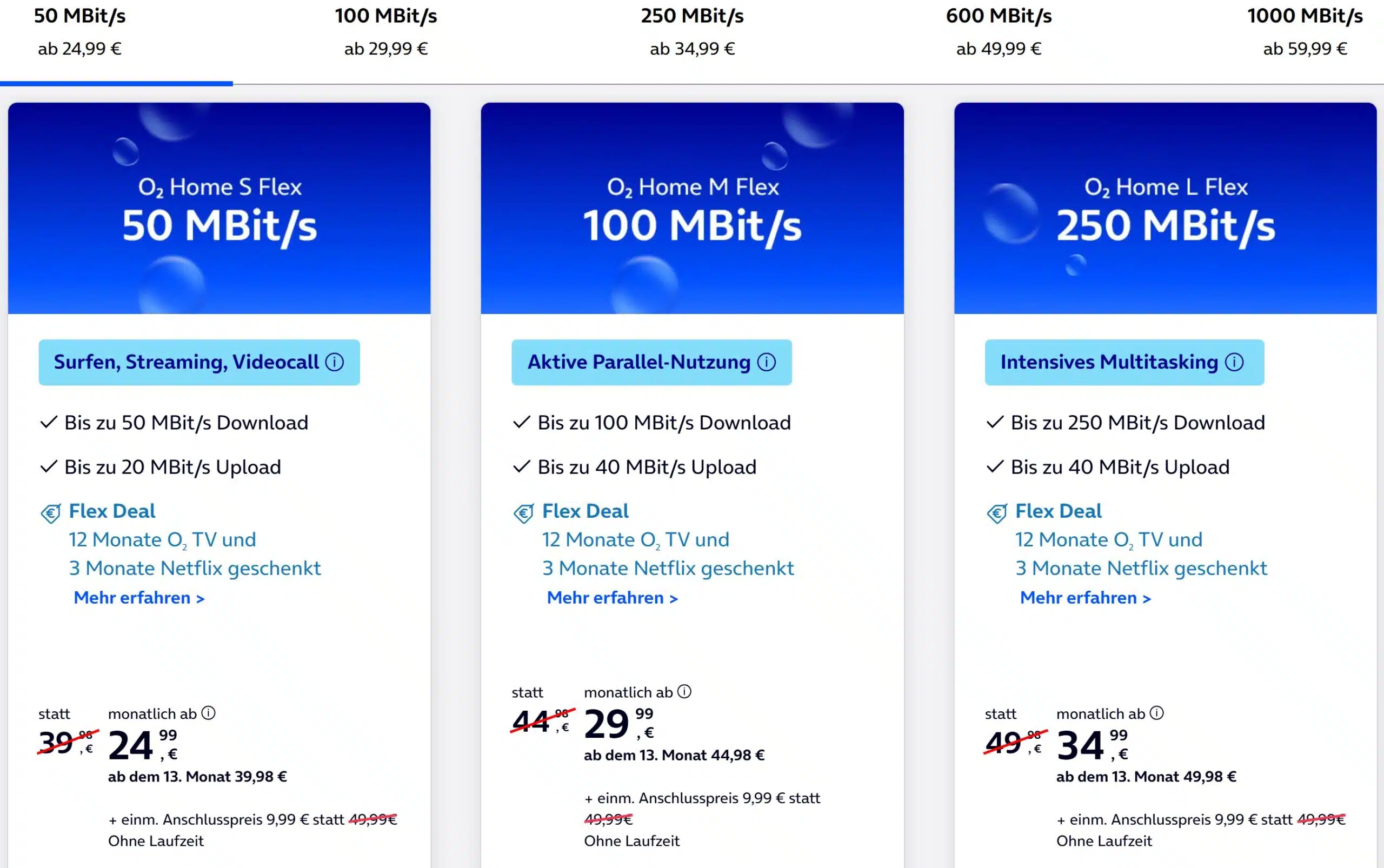 Tarifübersicht der o2 Home Flex Internettarife