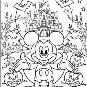 Disney-Halloween-Mickey-Mouse-in-Front-of-Haunted-Castle-with-Jack-Lanterns-Coloring-Page