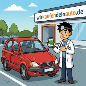 DealDoktor steht vor einem Auto, das er verkauft hat, mit seinem Handy in der Hand, auf das er glücklich verweist, im Hintergrund eine Filiale von wirkaufendeinauto.de