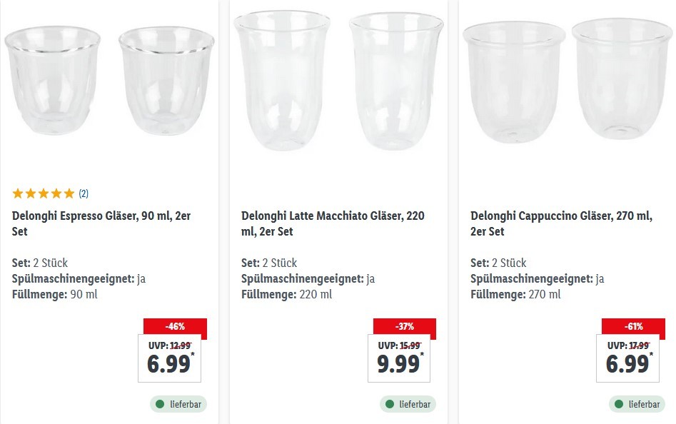 Delonghi Cappuccino Gläser, 270 ml, 2er Set für 11,94 € (statt 15€)