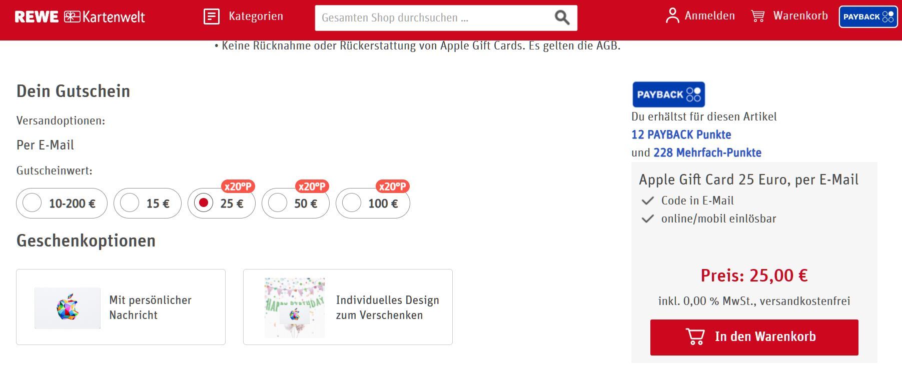 Penny] 20-fach Payback Punkte auf Apple Gift Cards Guthaben