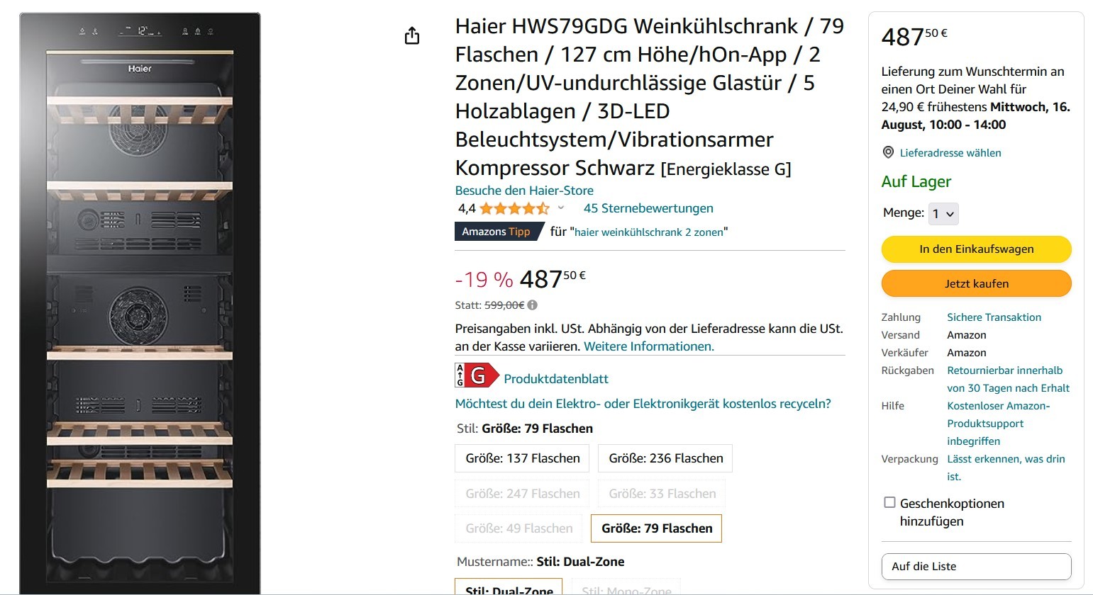 Haier Weinklimaschrank HWS79GDG | 399€ statt 599€ | bis zu 79 Flaschen | 2  Zonen | Anti-UV-Glastür | Feuchtigkeitsregulierung | Vibrationsarmer  Kompressor