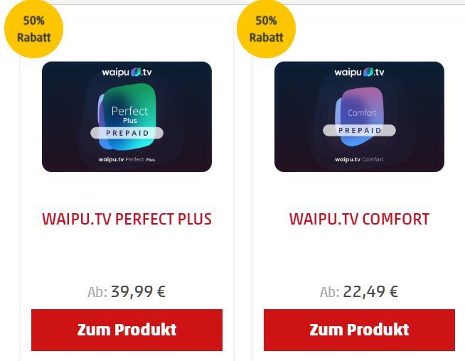 waipu.tv: 50% Rabatt bei den Prime Days (Perfect Plus Jahresabo für 74,99€  / 6 Mon. für 39,99€ | Comfort Jahresabo für 42,49€ / 6 Mon. für 22,49€)