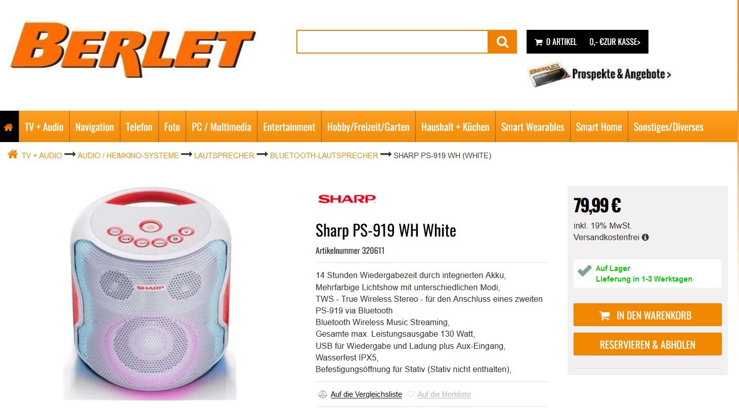 SHARP PS-919 (WH) Partylautsprecher für 69,99€ (statt 99,94€) - bis zu 14  Stunden Wiedergabezeit per integriertem Akku | Bluetooth |  Duo-Mode/True-Wireless-Stereo | wasserfest IPX5
