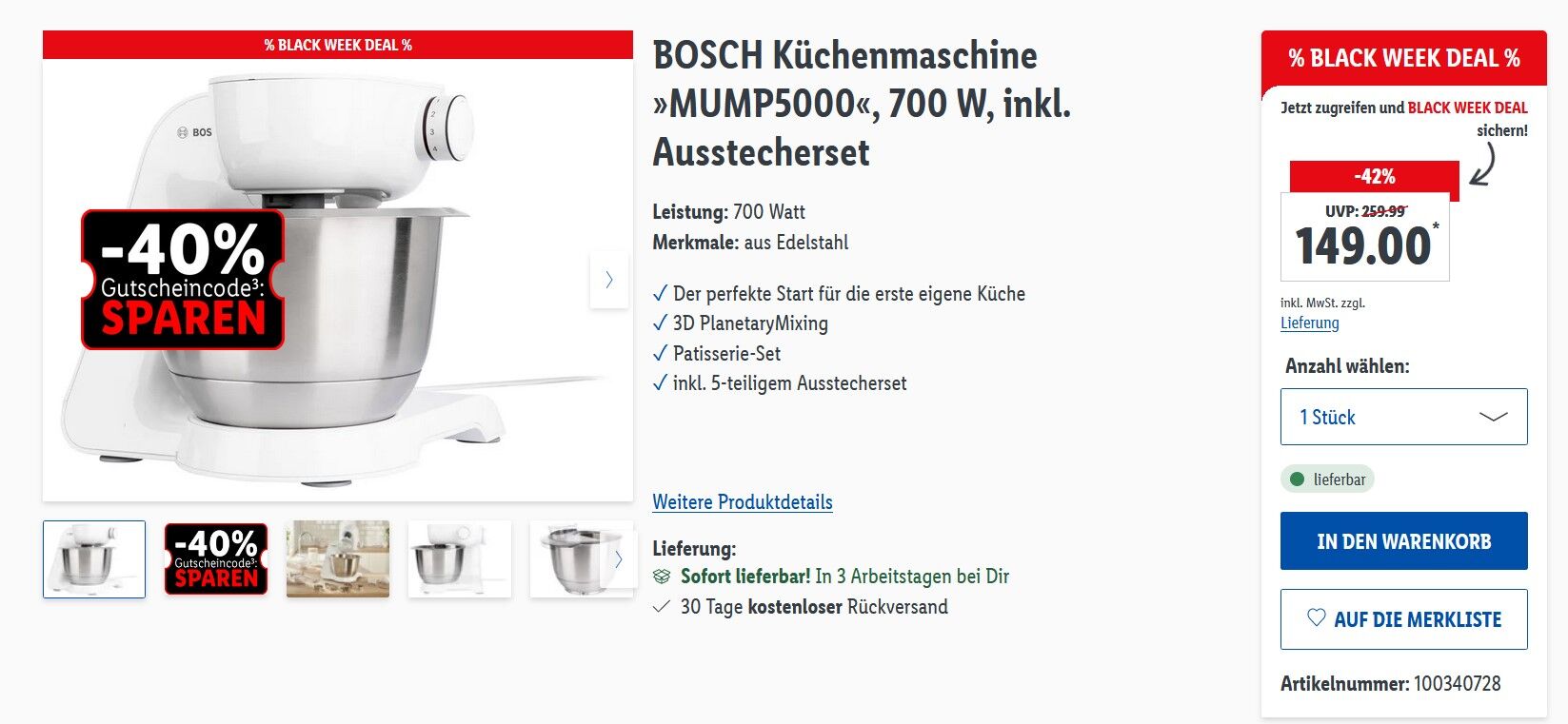 BOSCH Küchenmaschine für 95,35€ »MUMP5000« inkl. Ausstecherset