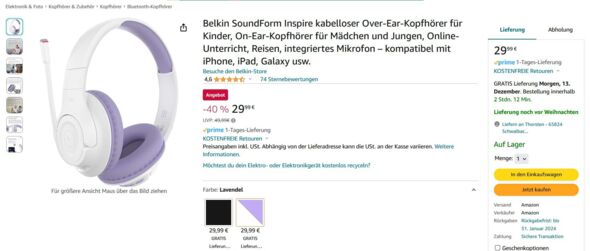 Belkin SoundForm Inspire Bluetooth Over-Ear-Headset für Kinder (max. 85 dB)  in Schwarz oder Weiß/Lila je 29,99€ statt 35,72€