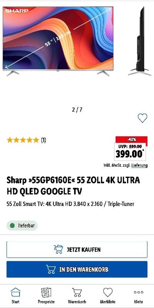 Sharp 55GP6160E 4K ULTRA HD QLED GOOGLE TV (55 Zoll) für 403,95€ statt  509,61€