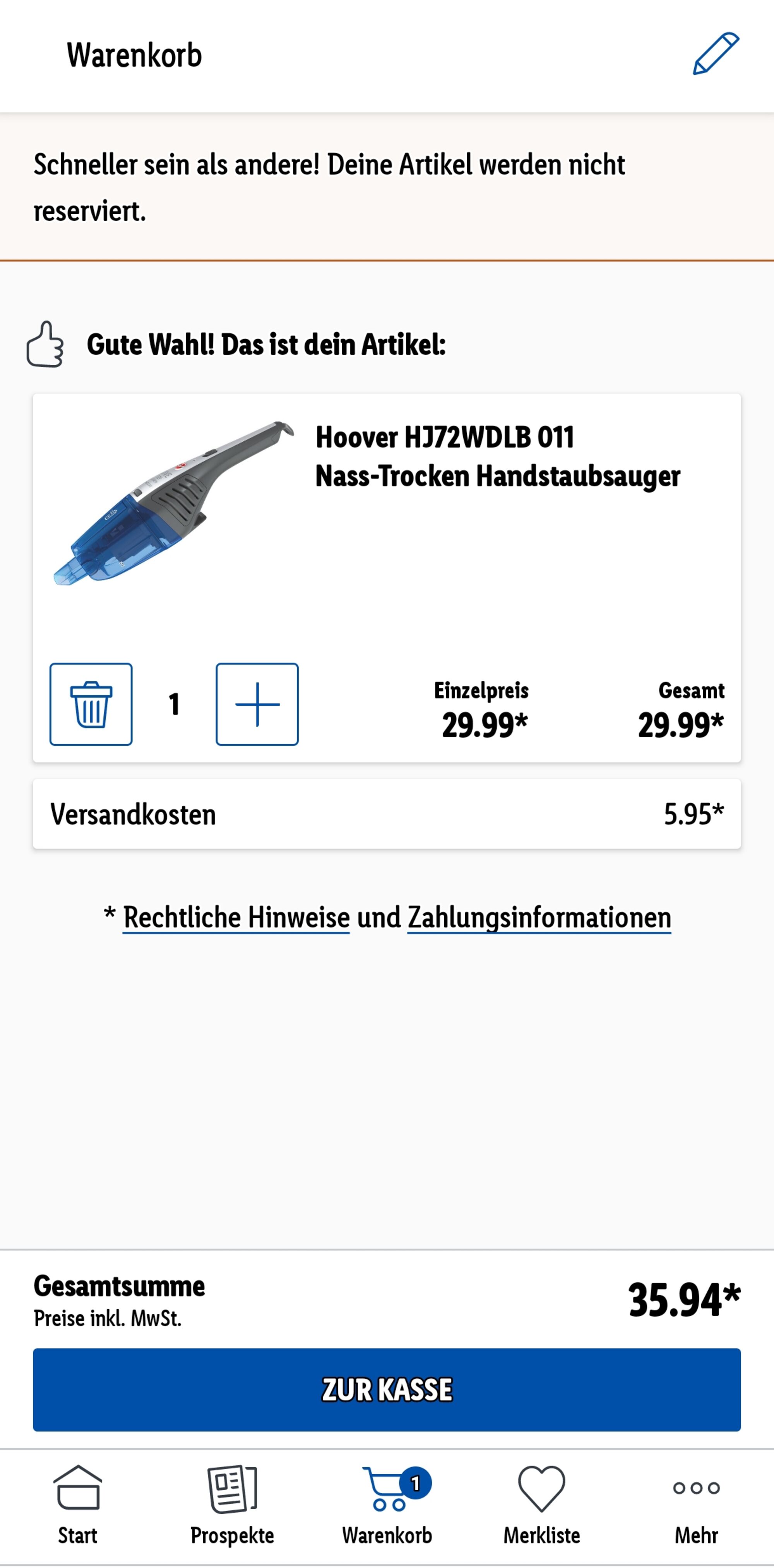 Hoover HJ72WDLB 011 Nass-Trocken Handstaubsauger für 35,94€ (statt 58€)