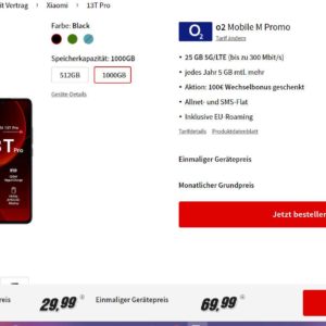 🤑 MediaMarkt  TOP Tarif eff. gratis!!📱 Xiaomi 13T Pro  (1TB) !! für 9,99€ / 25+5 GB O2 5G (29,99€/Monat) / 100€ Rufnummer Bonus