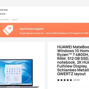HUAWEI MateBook 14 2020 AMD (2K IPS/Ryzen 7 4800H/16GB/512GB) für 699€ (statt 779€)