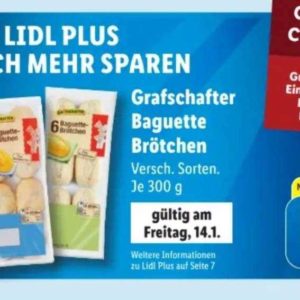 GRATIS "Grafschafter Baguette Brötchen 300g" am 14.01.2022 mit Lidl Plus App ab 10€ Einkauf
