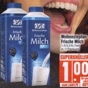 Edeka Südbayern Weihenstephan Frische Milch 1 l für nur 66 Cent beim Kauf von 3 Stück mit Coupon