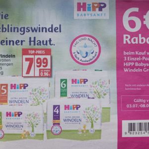 6€ Sofortrabatt beim Kauf von 3 Einzel-Packs Hipp Babysanft Windeln bei Edeka (Minden-Hannover) 03.07. - 08.07.23
