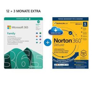 15 Monate Microsoft 365 Family (6 Nutzer / 5 Geräte) &amp; Norton 360 oder McAfee Total Protection bei NBB für nur 52,98€