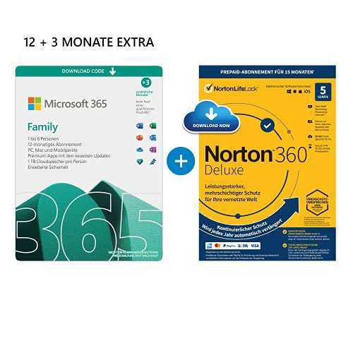 15 Monate Microsoft 365 Family (6 Nutzer / 5 Geräte) &amp; Norton 360 oder McAfee Total Protection