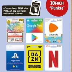 REWE Kartenwelt: 10-fach Payback-Punkte auf Geschenkkarten - z.B. Rossmann, Google Play uvm.