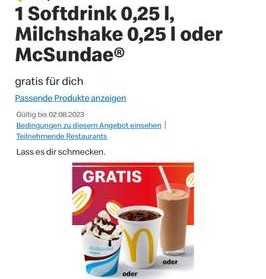 McSundae, Milchshake 0,25l oder Softdrink 0,25l gratis in der McDonald’s App (personalisiert)