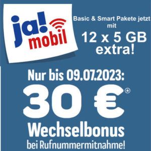 30€ Wechsel-Bonus bei REWE ja! mobil bis 09.07.2023 + 12x5 GB mehr Datenvolumen bei den Basic Smart Paketen