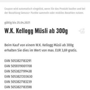 [Edeka App] 1x W.K Kellogg Crunchy Müsli 300g Packung gratis ohne MBW, einlösbar bei Edeka Rhein-Ruhr, Edeka Nord und Edeka Bayern