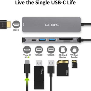 Omars USB-C Hub auf 1x USB-C 100W PD, 2x USB 3.0, 1x HDMI + Kartenleser 6 in 1