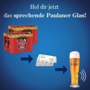 ab 18.03.: Sag‘s mit Paulaner- sprechendes Weißbierglas als Prämie beim Kauf von zwei Kästen Paulaner Weißbier