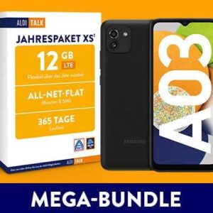 Samsung *Galaxy A03* mit 12 GB/Jahr für 159€ (*Handy = 99,01€* statt  blau 137,64€ + Jahrespaket) vom 9.6. bis 10.07.2022 bei Aldi