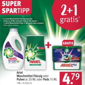 Rossmann: 2+1 Gratis Aktion Ariel Waschmittel Flüssig oder Pulver je 20 WL oder Pods 15 WL (03.07. - 07.07.23)