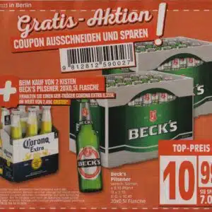 6er Träger Corona Extra Gratis beim Kauf von zwei Kisten Beck’s Pilsener bei Edeka Minden-Hannover (09.10. - 14.10.2023)