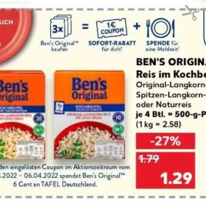 1€ Rabatt beim Kauf von 3 Packungen Ben‘s Original Reis im Kochbeutel bei Kaufland für 2,87€ statt 3,87€ (31.03. - 06.04.22)