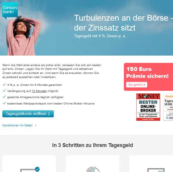 Consors - für Neukunden 🔥 3,75 % p.a. Zins auf Tagesgeld mit Depot 150 Euro Prämie zusätzlich möglich