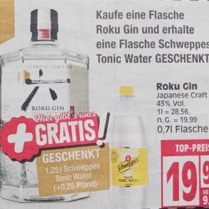 1,25l Flasche Schweppes Tonic Water Gratis beim Kauf einer Flasche Roku Gin (Edeka Minden-Hannover)